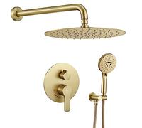 Brushed Gold Shower System with Rain Shower and Handheld, High Pressure 10 Inch Gold Shower Faucets Sets Complete with Brass Shower Valve and Trim Kit