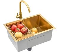 Brushed Gold Single Bowl Stainless Steel Kitchen Sink Square Recessed Or Undercounter Kitchen Sink with Faucet and Drain (Color : Gold, Size : 55×40cm)