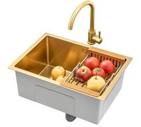Brushed Gold Single Bowl Stainless Steel Kitchen Sink Square Recessed Or Undercounter Kitchen Sink with Faucet and Drain (Color : Gold, Size : 60×40cm)