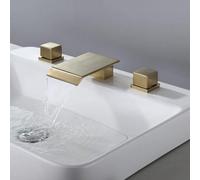 Brushed Gold Square Waterfall Bathroom Sink Taps - Double Handle 3-Hole Basin Faucet with Flat Spout for Modern Elegance and Style