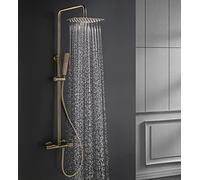 Brushed Gold Thermostatic Shower System, Luxury Wall-Mounted Taps Set with 10"x8" Rainfall Shower Head & Handheld Diverter Mixer for Bathroom, Brass Finish