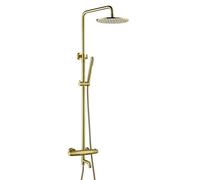 Brushed Gold Thermostatic Shower System, Wall Mounted Brass Mixer Taps Set with 8-inch Rainfall Shower Head & Handheld Sprayer, Luxury Bathroom Shower Kit