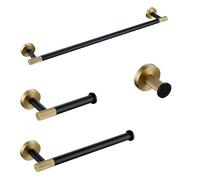 Brushed Gold Towel Bar Set - Wall Mounted Rack, Matte Black Hooks, Knurled Toilet Brush & Paper Holder - Chic Bathroom Accessories for Modern Home Décor