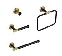 Brushed Gold Towel Bar Set - Wall Mounted Rack with Matte Black Hook, Knurled Toilet Brush Holder & Paper Holder - Chic Bathroom Accessories for Modern Home Décor