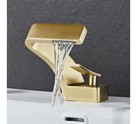 Brushed Gold Waterfall Faucet Hot & Cold Mixer Tap for Bathroom Copper Basin Faucet with Ceramic Valve Single Hole Installation WaterSaving Design for Hotels & Home Use