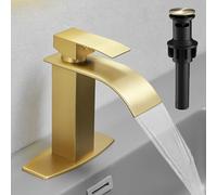 Brushed Gold Waterfall Spout Single Hole Bathroom Faucet, Stainless Steel Single Lever Bathroom Vanity Sink Faucet with Drainer, Hose and Deck Plate