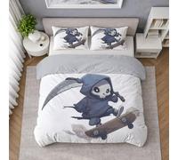 Brushed Halloween Super King Duvet Set, Premium Microfiber Reversible Bedding Set, Cartoon Reaper Cool Quilt Cover And 2 Pillow Cases, Soft & Breathable White Duvet Cover