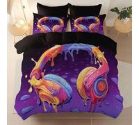 Brushed Microfiber 135 X 200 cm Duvet Cover Set, Super Soft Black Reversible Design Zippered Comforter Cover, For The Adults Cartoon Game Headphones Graffiti Theme Bedding, With 4 Corner Straps