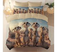 Brushed Microfiber 230 X 220 cm Duvet Cover Set, Super Soft Beige Reversible Design Zippered Comforter Cover, For The Adults Cartoon Animal Meerkat Desert Theme Bedding, With 4 Corner Straps