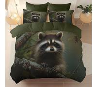 Brushed Microfiber 260 X 220 cm Duvet Cover Set, Super Soft Green Reversible Design Zippered Comforter Cover, For The Adults Realistic Animals Branches Raccoon Theme Bedding, With 4 Corner Straps