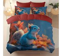 Brushed Microfiber 260 X 220 cm Duvet Cover Set, Super Soft Red Reversible Design Zippered Comforter Cover, For The Adults Animal Squirrel Fallen Leaves Rocks Theme Bedding, With 4 Corner Straps