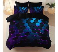 Brushed Microfiber Double Duvet Cover Set, Super Soft Black Reversible Design Zippered Comforter Cover, For the Adults Geometric Technology Honeycombs Neon theme Bedding, With 4 corner straps