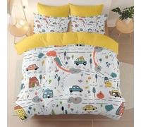 Brushed microfiber Duvet Cover 230 x 220 cm, Suitable for adults and children Cartoon Cute City Cars theme Bedding Set Reversible Pattern for Comfort Sleep easy care Yellow