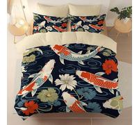 Brushed Microfiber Duvet Cover Double Size, Chinese Style Animals Carp Theme Printed Breathable Bedding Set for Adults Teenager Kids - Beige Soft Reversible Duvet Cover with Zipper Closure