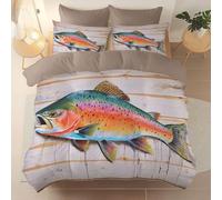 Brushed Microfiber Duvet Cover King Size, Cartoon Wood Plank Fish Theme Printed Breathable Bedding Set for Adults Teenager Kids - Brown Gray Soft Reversible Duvet Cover with Zipper Closure