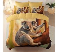 Brushed Microfiber Super King Duvet Cover Set, Super Soft Yellow Reversible Design Zippered Comforter Cover, For the Adults Photographic Animals Plants Koalas theme Bedding, With 4 corner straps