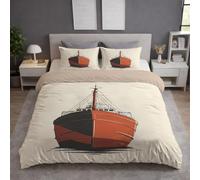 Brushed Microfibre Bedding Set with Ship Marine Motif Duvet Cover Super King 260 X 220 cm, Red Quilt Cover, Fade-Resistant Print, Hidden Zipper and Soft Hand Feel