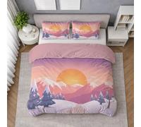 Brushed Microfibre Duvet Cover Set Warm Orange, Quilt Cover Bedding Set with Landscape, Snow mountain Sunrise Pine forest, Hidden Zip, Breathable Feel, Smooth Touch, Single 140 X 200 cm, Easy Wash