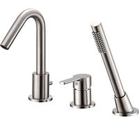 Brushed Nickel 3-Hole Deck Mount Bathtub Faucet with Handheld Shower Sprayer - Single Handle Brass Sink Tap for Elegant Modern Bathroom Décor