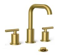 Brushed Nickel Bathroom Faucet for 3 Hole, Widespread Bathroom Sink Faucet with Pop Up Drain and Hoses, for Vanity Restroom RV Lavatory, 360° Rotatable Spout