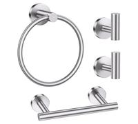 Brushed Nickel Bathroom Hardware Set, 4-Piece Towel Holder Set Include Double Bases Toilet Paper Holder,Towel Ring and 2 Towel Hooks Stainless Steel Wall Mounted Bathroom Hardware Accessories Set