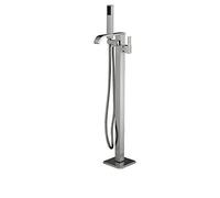 Brushed Nickel Freestanding Bathtub Faucet - Hot & Cold Water Brass Waterfall Mixer Tap with Handheld Shower - Luxury Floor Mounted Bath Fixture