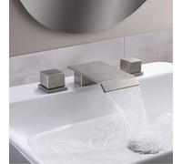 Brushed Nickel Waterfall Faucet for Bathroom Sink Double Handle 3-Hole Basin Tap Modern Flat Mouth Design Easy Installation Stylish &
