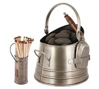 Brushed Silver Coal Scuttle Fireside Storage Basket Bucket & Shovel with Match Canister Recycled Iron Fireside Accessory Set