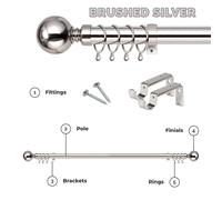 (Brushed Silver - Plain Ball, 160-300 cm (63" -118" In)) Extendable Metal Curtain Poles 28mm With Rings Finials Fittings & Brackets