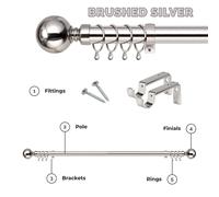 (Brushed Silver - Plain Ball, 70-120 cm (28" - 48" In)) Extendable Heavy Plain Ball Metal Curtain Pole 28mm Eyelet Rail With Rings Fittings Finials