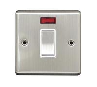 Brushed Stainless Steel 20A Double Pole Switch with Neon Indicator | 1 Gang Power Isolator | Heavy Duty Appliance Control | Screwed Faceplate Wall Switch for Home & Commercial Use (1)