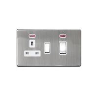 Brushed Stainless Steel Screwless 45A Cooker Control Unit with 13A Socket | 2 Gang Double Pole Switch with Neon Indicator | Modern Flat Plate Kitchen Appliance Wall Fitting (1)