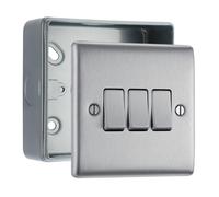 Brushed Steel 20A 16AX 2 Way Triple Light Switch & Surface Pattress Back Box
