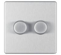BG Screwless Flat Plate 2 Way Push On / Off 400W Double Dimmer Switch - Brushed Steel