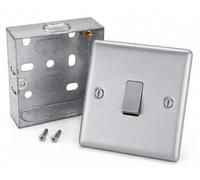 Brushed Steel Metal 1 Gang Light Switch with 25mm Single Metal Back Box - Sl urable and Easy to Install (1 Gang 2 Way Switch Bundle, Screwed Version)