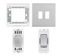 Brushed Steel Screwless 2 Gang Grid Light Switch - 1x Dual Mode LED Dimmer, 1x 2 Way - Supplied as Separate Grid Parts (Assembly Needed)