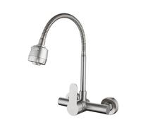 Brushed Wall-Mounted Double Hole Kitchen Faucet, Lead-Free Hot & Cold Water Mixer with 360° Rotating Hose & Spray Aerator for Easy Cleaning