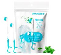 Brushee 4-in-1 Prepasted Disposable Travel Toothbrushes for Adults, Mini Brush with Toothpaste, Floss & Pick, No Water Needed, Individually Wrapped, On-the-Go Oral Care, 24-Pack
