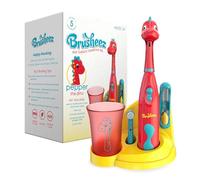 Brusheez Kid's Electric Toothbrush Set - Pepper the Dino - Includes Battery-Powered Toothbrush, 2 Brush Heads, Cute Animal Cover, Sand Timer, Rinse Cup & Storage Base