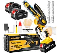 Brushless Mini Chainsaw Cordless 6 Inch, Electric Saw Battery Chainsaw Chain Saws with 2 2.0Ah Battery and 2 Super Chains (Yellow,4000+4000mAh)