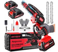 Brushless Mini Chainsaw Cordless 6 Inch, Electric Saw Battery Chainsaw Chain Saws with 2 2.0Ah Battery and 2 Super Chains (Red,4000+4000mAh)