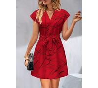 Brushstroke Print Mini Dress V-Neck Cap Sleeve Self-Tie Waist Modern Abstract Pattern Stylish Office Casual Evening Outfit