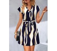 Brushstroke Print Mini Dress V-Neck Cap Sleeve Self-Tie Waist Modern Abstract Pattern Stylish Office Casual Evening Outfit