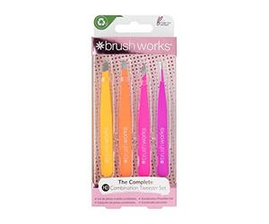 Brushworks Complete Tweezer Set - 4 Stainless Steel Precision Tweezers for Brows, Ingrown Hairs & Lash Application - Slanted, Straight, Slanted Point & Pointed Tweezers (Brights)