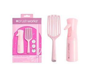Brushworks Curly Hair Saviour Set - Curly Detangling Hairbrush & Continuous Mist Spray Bottle Duo, Refreshes Morning Curls, For Type 3A-4C Hair Types, Pink
