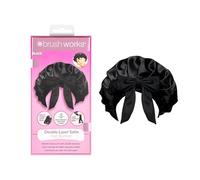 Brushworks Double Layer Satin Hair Bonnet (Black) - Silky Sleep Cap with Stretchy Tie Ribbon Band for Frizz-Free, Smooth Hair - Prevents Breakage, Protects Curls and Retains Moisture