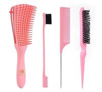 BRUSHZOO Detangling Brush with Hair Styling Comb Set, Hair Brushes for Women Men Kids Curly Hair, Hairbrush Set includ Detangler Brush Teasing Hair Brush Rat Tail Comb Edge Brush (Pink)