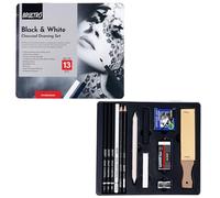 BRUSTRO Black and White Charcoal Drawing Set of 13 Pcs in a Metal Box| Ideal For Sketching, Shading, Blending, Illustration, Portraits, Landscape and Fine Arts