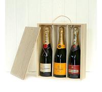 Brut Imperial Champagne 75cl, 1 x Piper-Heidsieck Brut Champagne 75cl and 1 x Veuve Clicquot Brut Champagne 75cl presented in a Wooden Wine Box