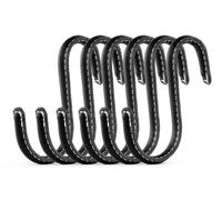 Brute Strength - S Shaped Hooks Wrapped in Full Grain Leather - 6 pcs - Black - 10 cm Stainless Steel Metal Hangers Hanging Hooks for Kitchen, Work Shop, Bathroom